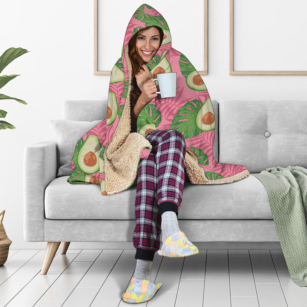 Pink Palm Leaf Avocado Print Hooded Blanket