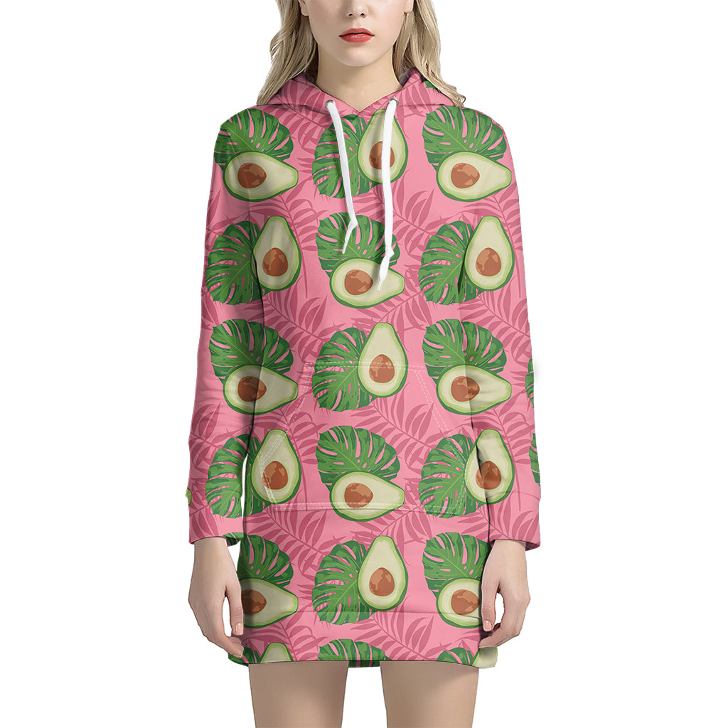 Pink Palm Leaf Avocado Print Hoodie Dress