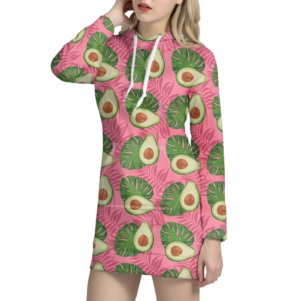 Pink Palm Leaf Avocado Print Hoodie Dress