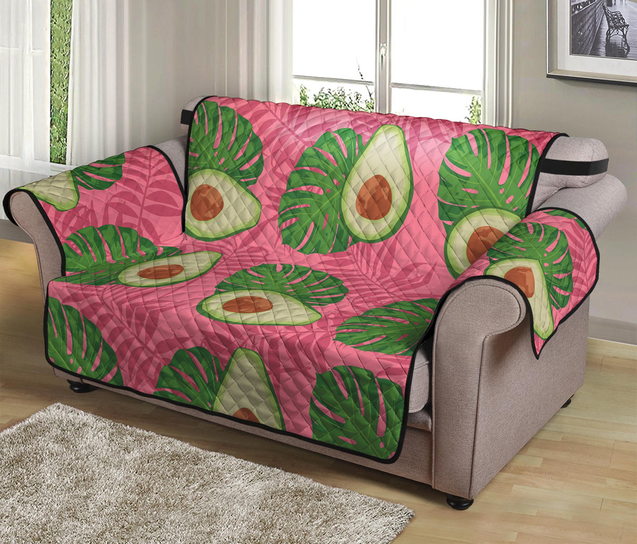 Pink Palm Leaf Avocado Print Loveseat Protector