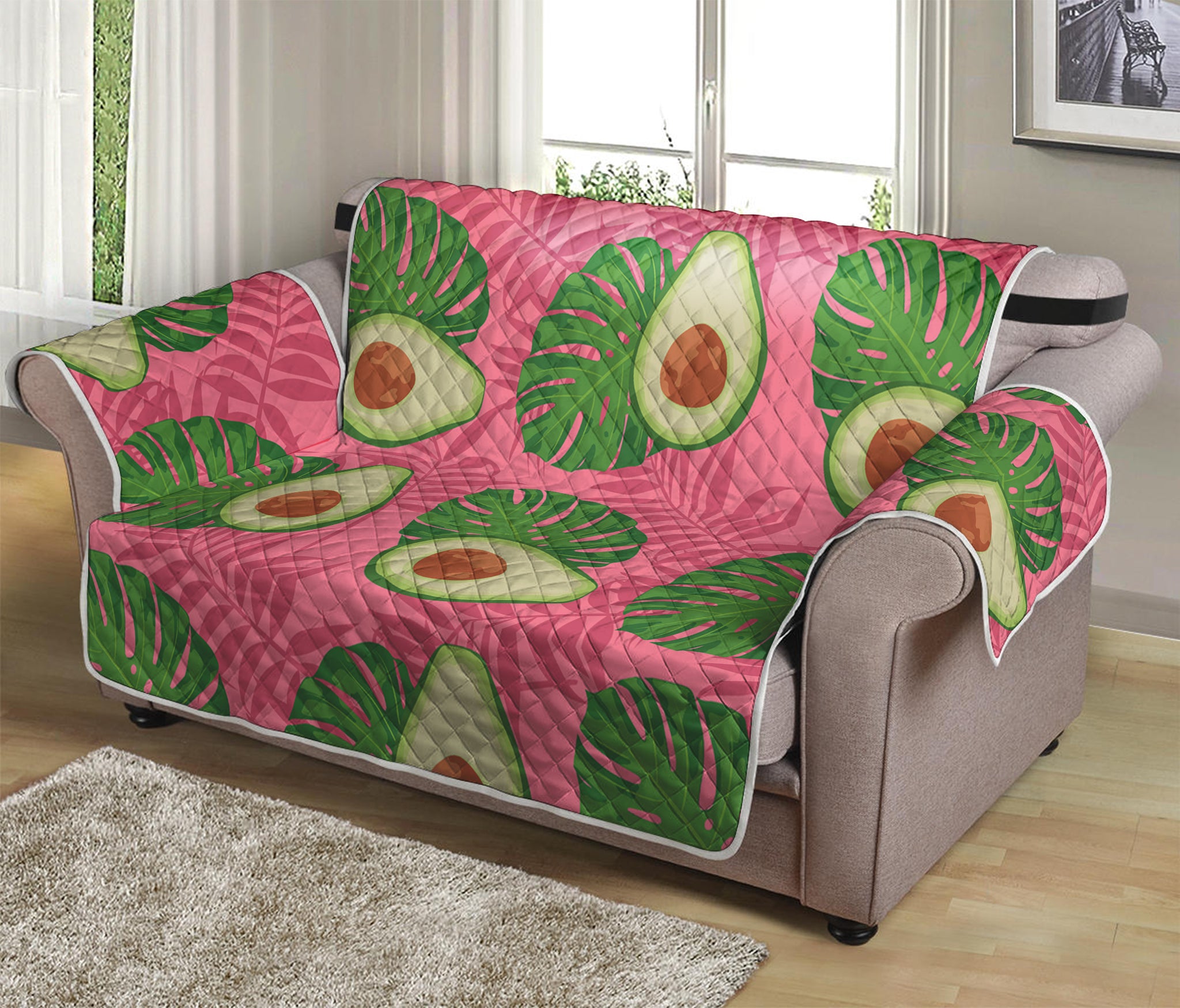 Pink Palm Leaf Avocado Print Loveseat Protector