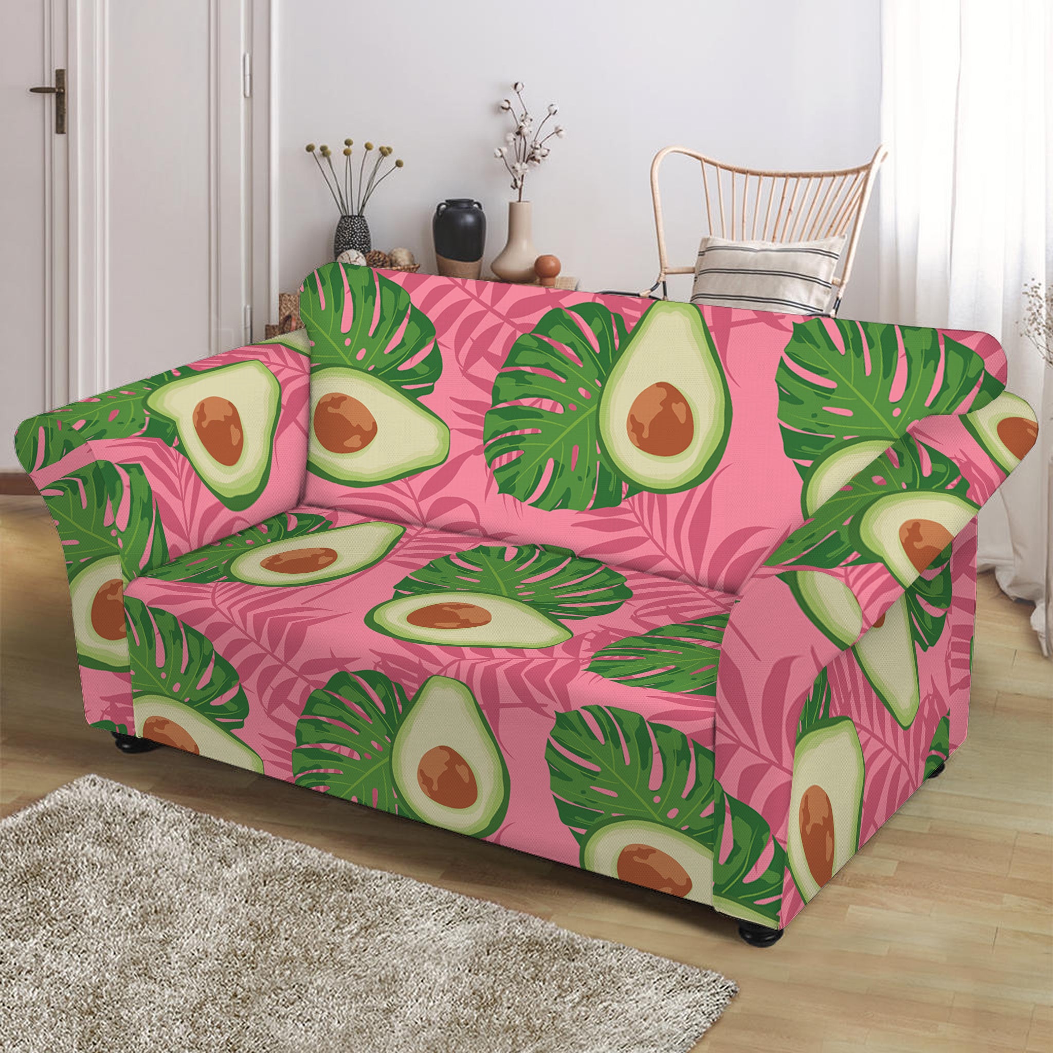 Pink Palm Leaf Avocado Print Loveseat Slipcover