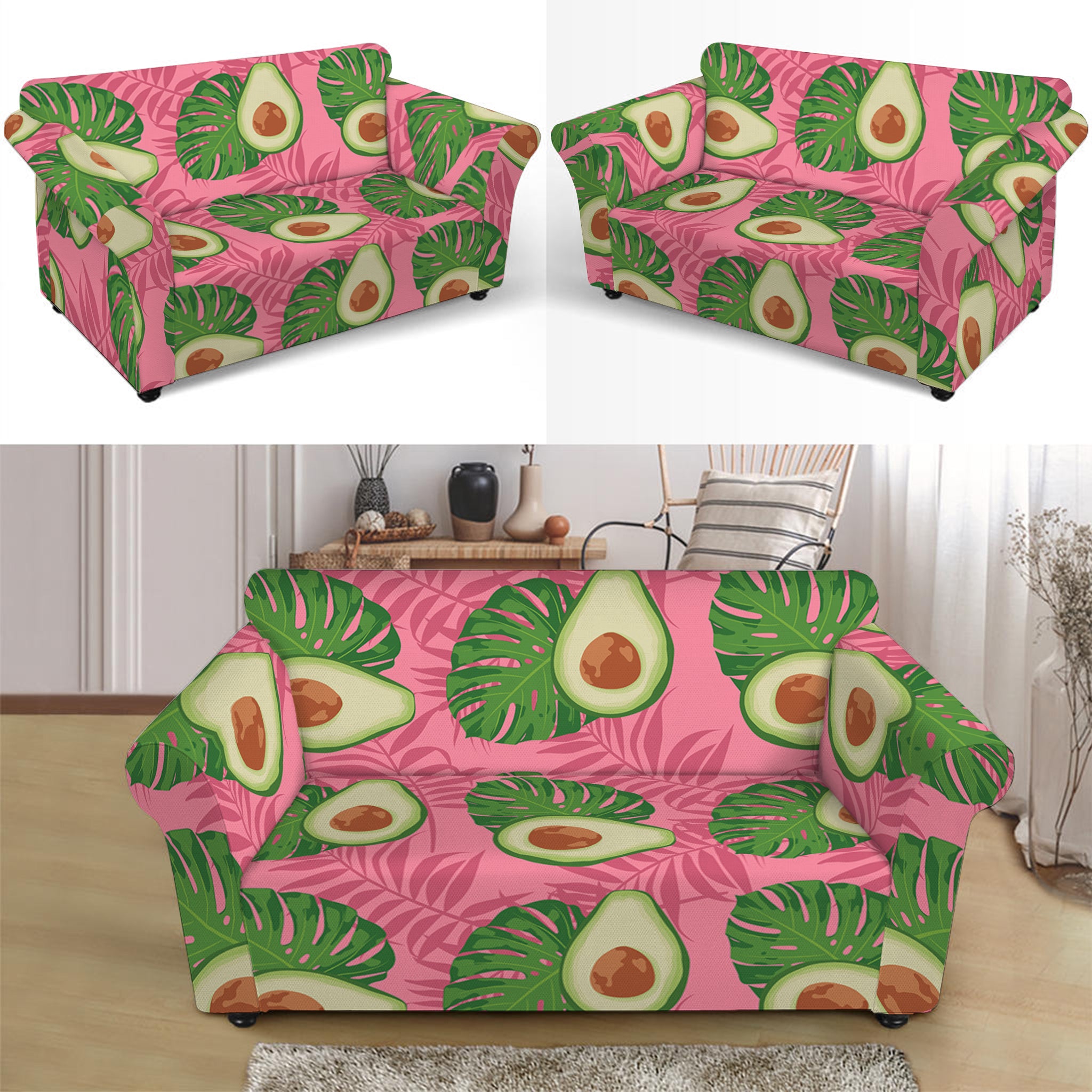 Pink Palm Leaf Avocado Print Loveseat Slipcover