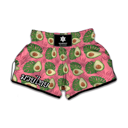 Pink Palm Leaf Avocado Print Muay Thai Boxing Shorts