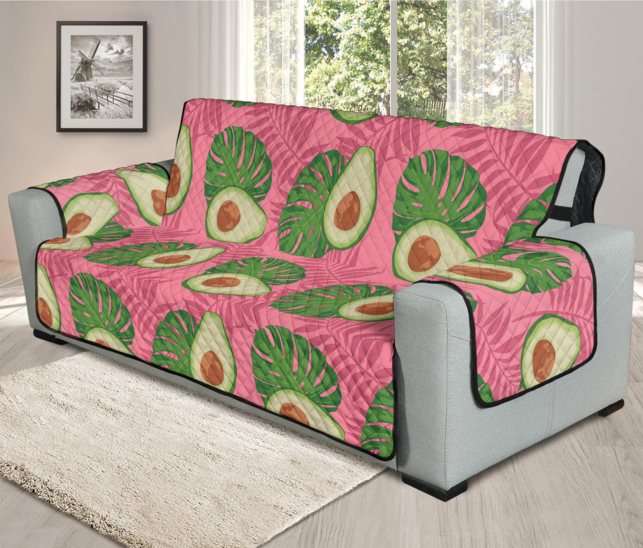 Pink Palm Leaf Avocado Print Oversized Sofa Protector