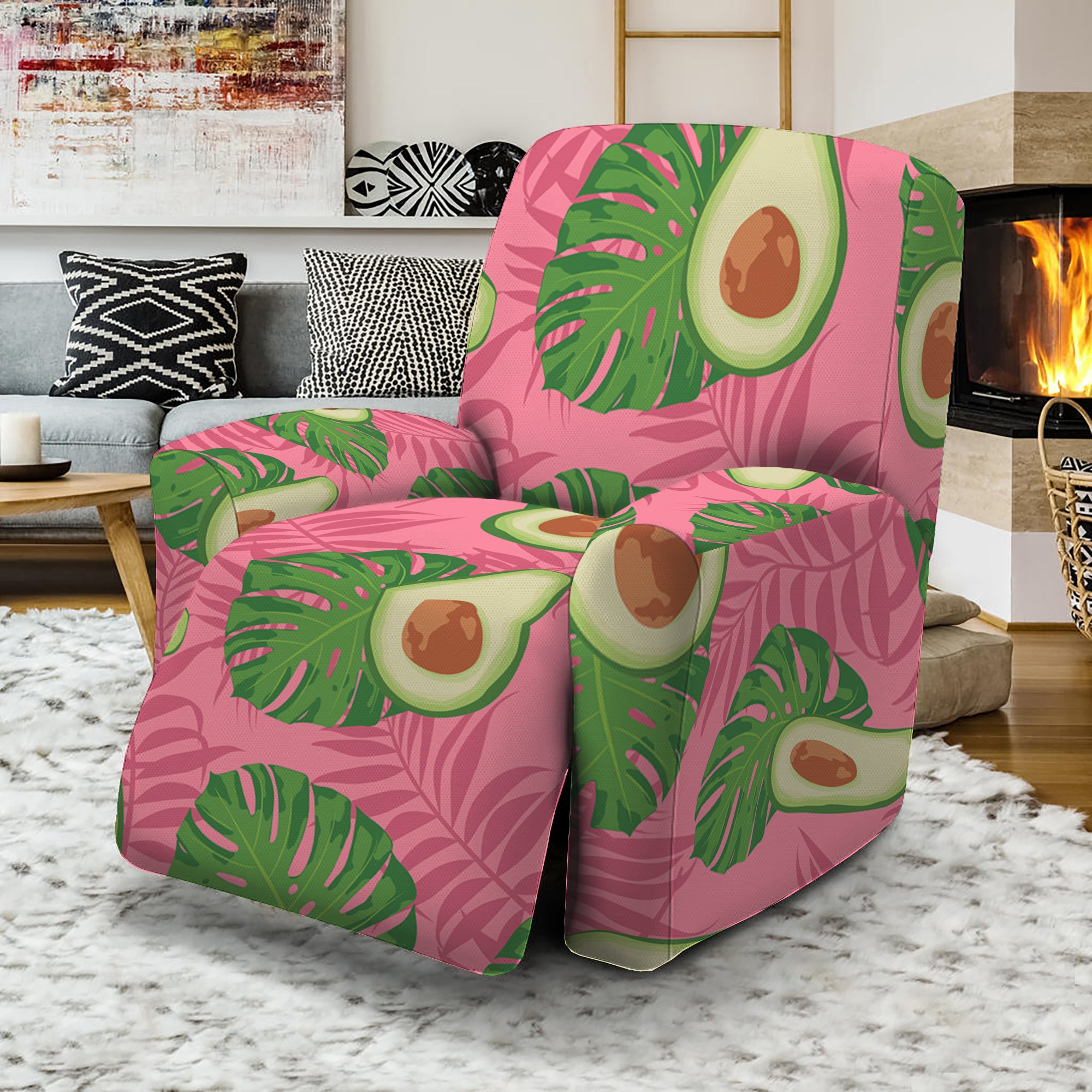 Pink Palm Leaf Avocado Print Recliner Slipcover