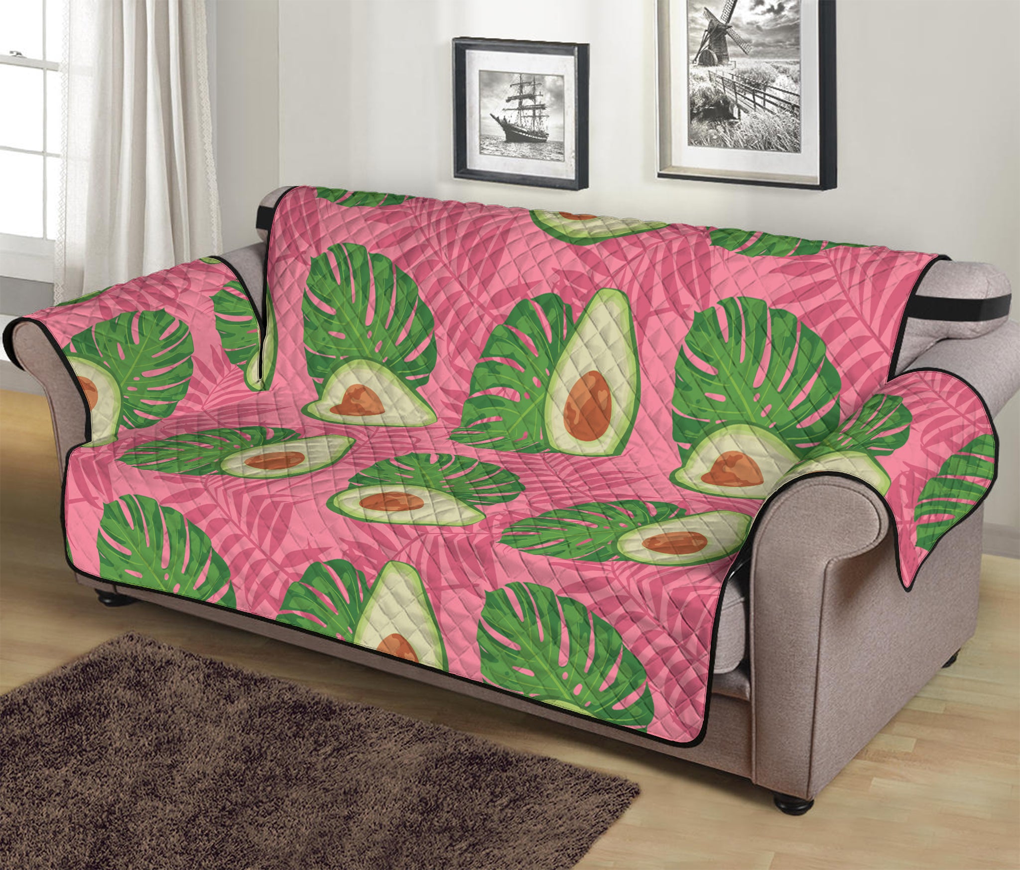 Pink Palm Leaf Avocado Print Sofa Protector