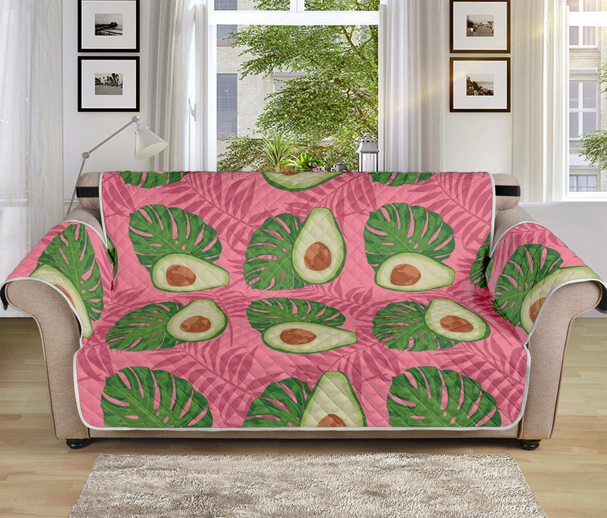 Pink Palm Leaf Avocado Print Sofa Protector