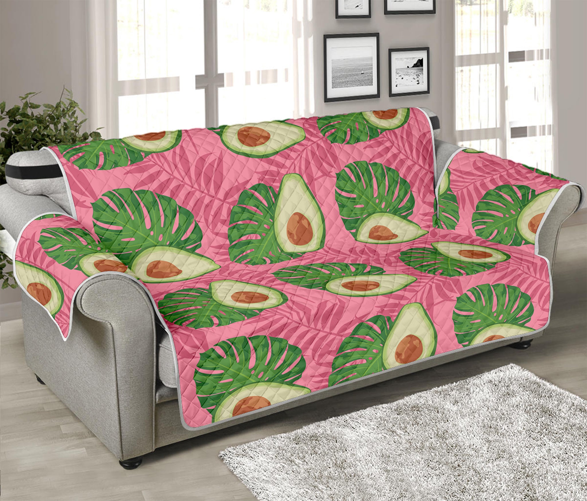 Pink Palm Leaf Avocado Print Sofa Protector