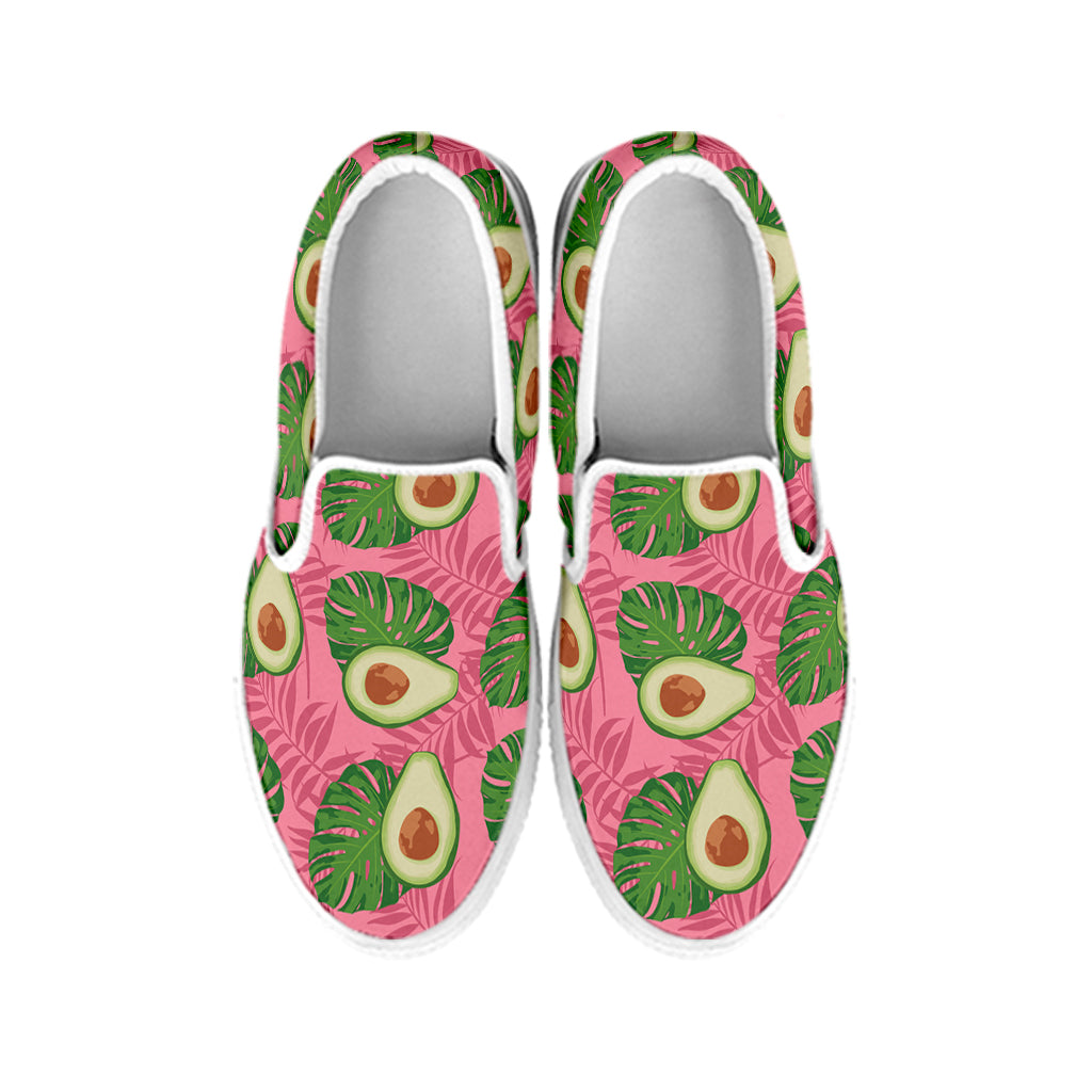 Pink Palm Leaf Avocado Print White Slip On Shoes