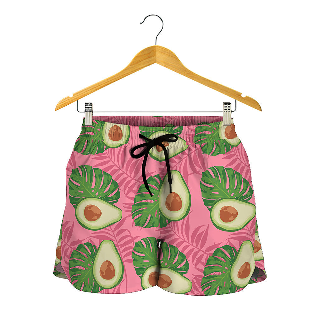 Pink Palm Leaf Avocado Print Women's Shorts