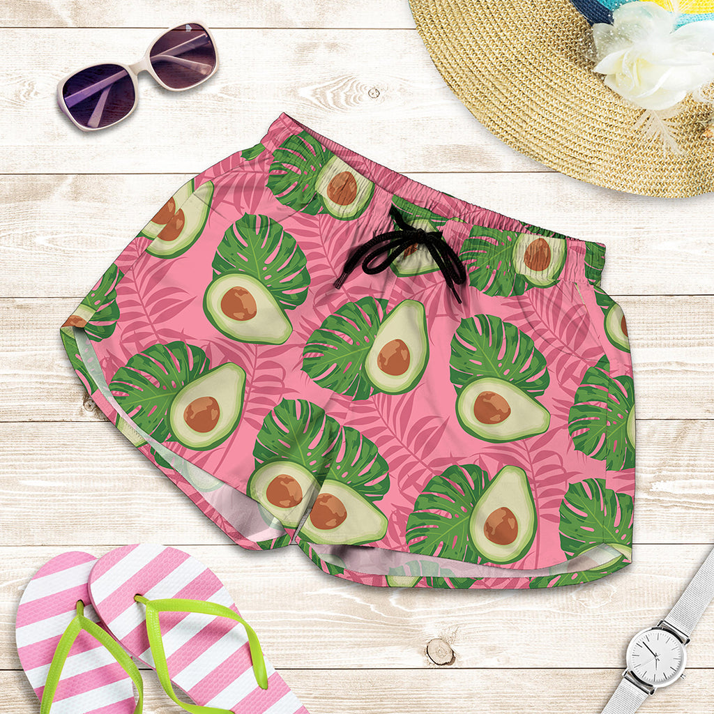 Pink Palm Leaf Avocado Print Women's Shorts