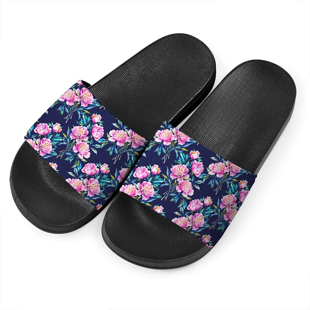 Pink Peony Floral Flower Pattern Print Black Slide Sandals
