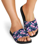 Pink Peony Floral Flower Pattern Print Black Slide Sandals