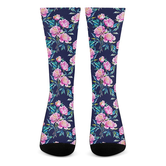 Pink Peony Floral Flower Pattern Print Crew Socks