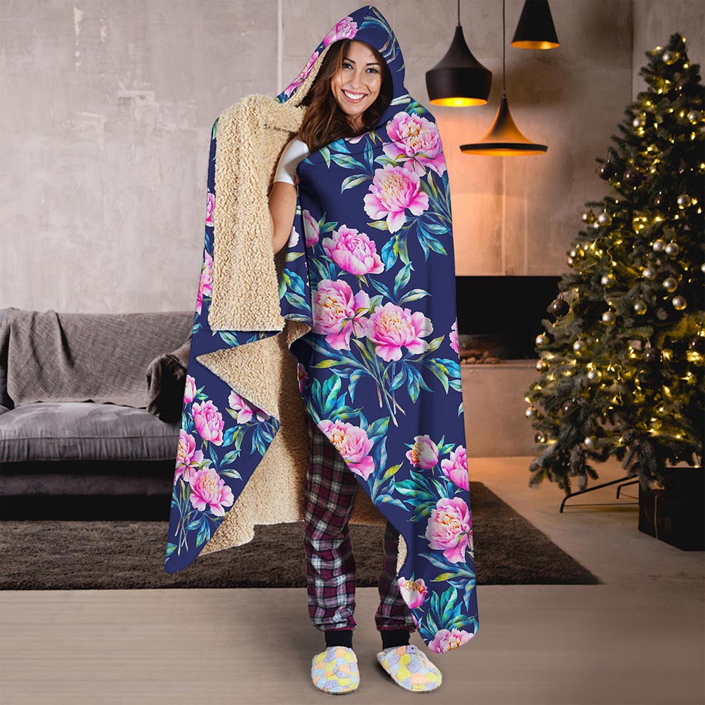 Pink Peony Floral Flower Pattern Print Hooded Blanket
