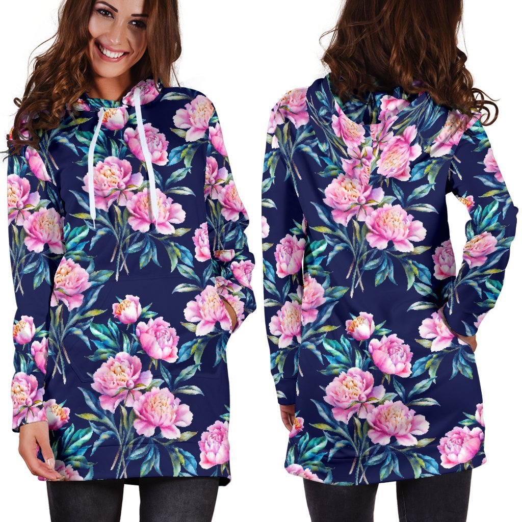 Pink Peony Floral Flower Pattern Print Hoodie Dress GearFrost