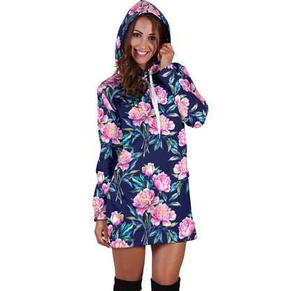Pink Peony Floral Flower Pattern Print Hoodie Dress GearFrost