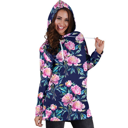 Pink Peony Floral Flower Pattern Print Hoodie Dress GearFrost