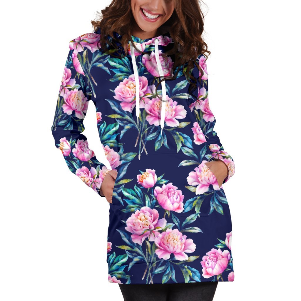 Pink Peony Floral Flower Pattern Print Hoodie Dress GearFrost
