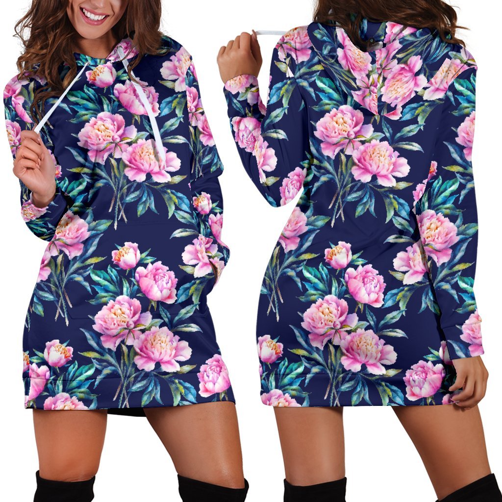 Pink Peony Floral Flower Pattern Print Hoodie Dress GearFrost