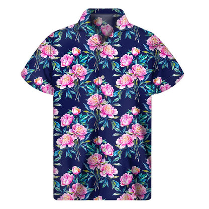 Pink Peony Floral Flower Pattern Print Men's Short Sleeve Shirt
