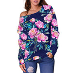 Pink Peony Floral Flower Pattern Print Off Shoulder Sweatshirt GearFrost
