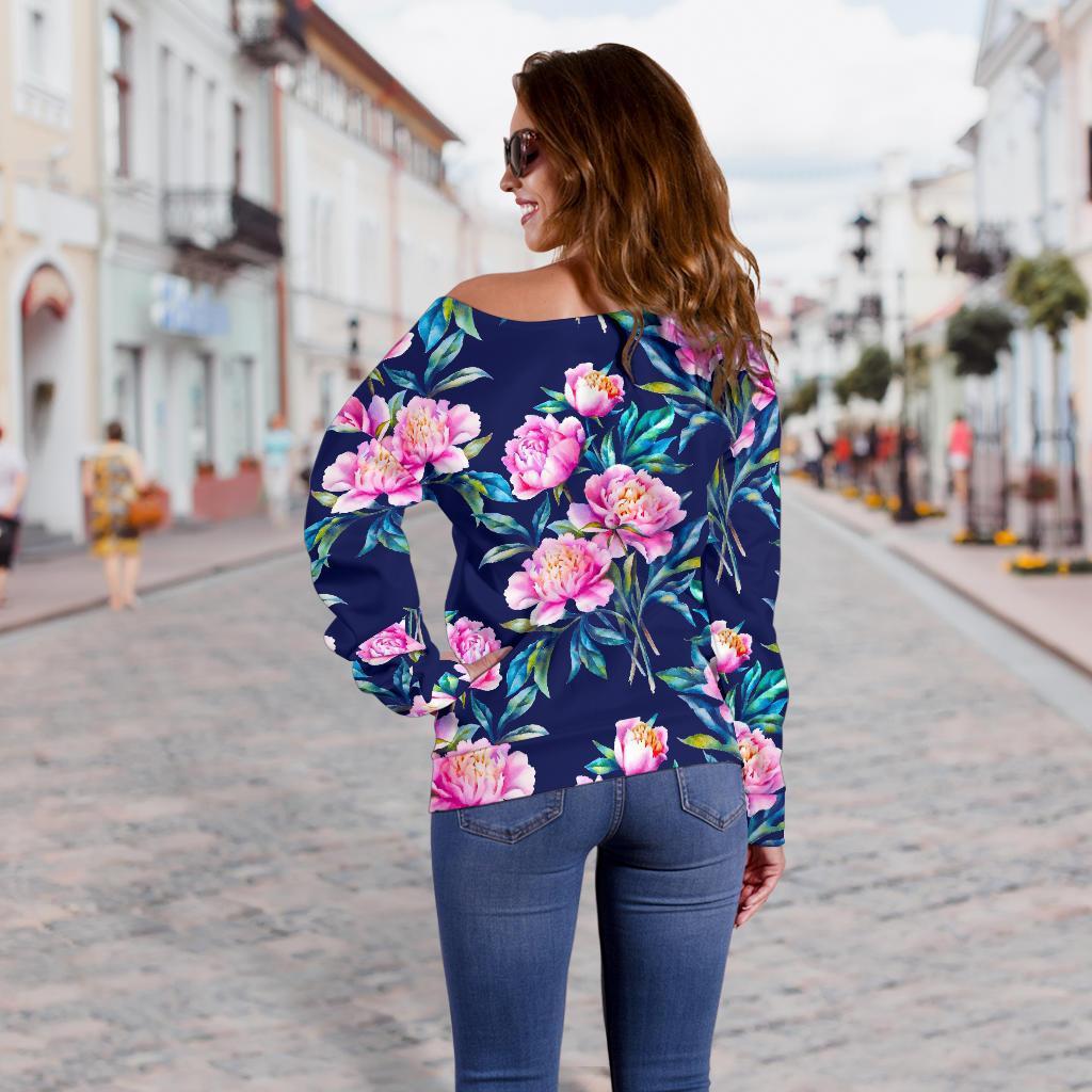 Pink Peony Floral Flower Pattern Print Off Shoulder Sweatshirt GearFrost