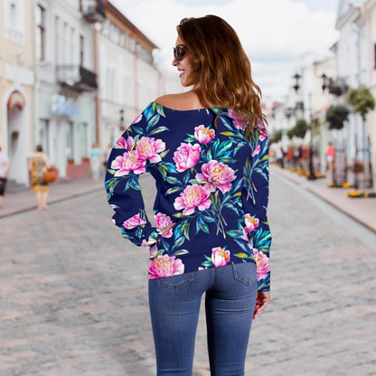 Pink Peony Floral Flower Pattern Print Off Shoulder Sweatshirt GearFrost