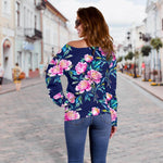 Pink Peony Floral Flower Pattern Print Off Shoulder Sweatshirt GearFrost