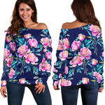 Pink Peony Floral Flower Pattern Print Off Shoulder Sweatshirt GearFrost