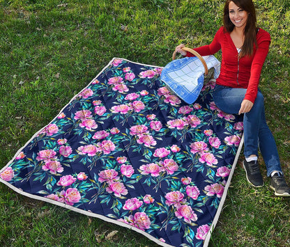 Pink Peony Floral Flower Pattern Print Quilt