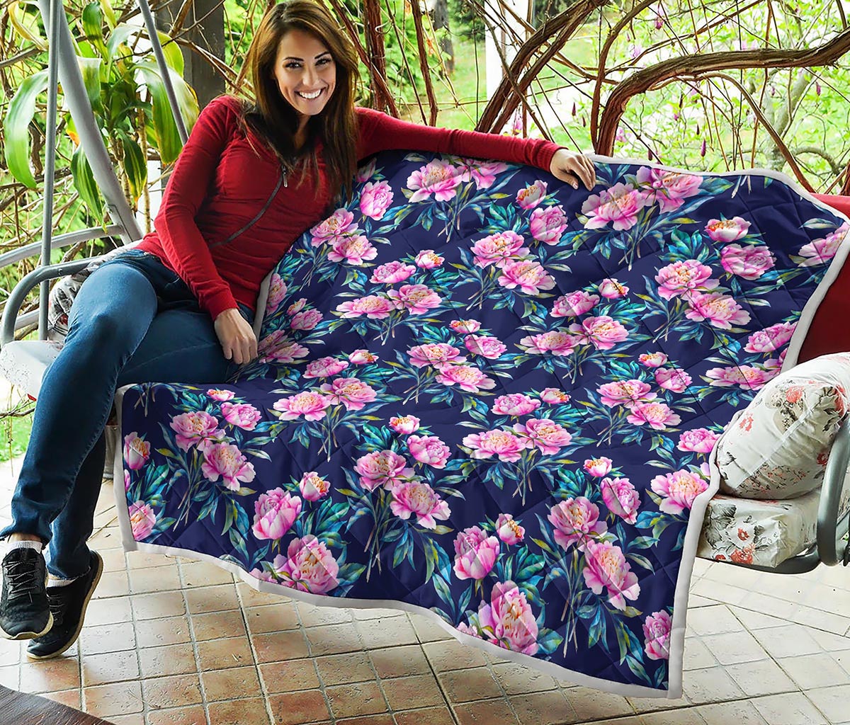 Pink Peony Floral Flower Pattern Print Quilt