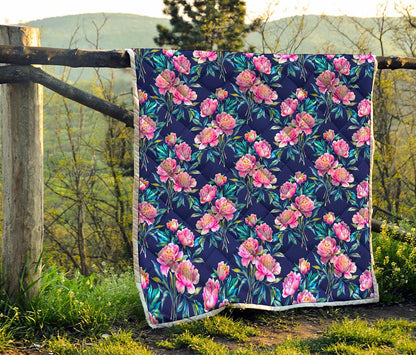 Pink Peony Floral Flower Pattern Print Quilt