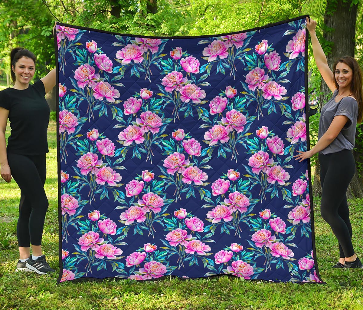 Pink Peony Floral Flower Pattern Print Quilt