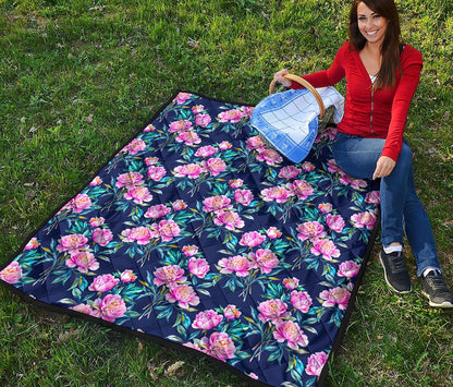 Pink Peony Floral Flower Pattern Print Quilt
