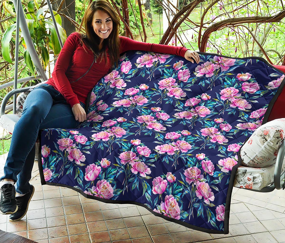 Pink Peony Floral Flower Pattern Print Quilt
