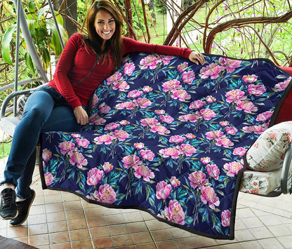 Pink Peony Floral Flower Pattern Print Quilt