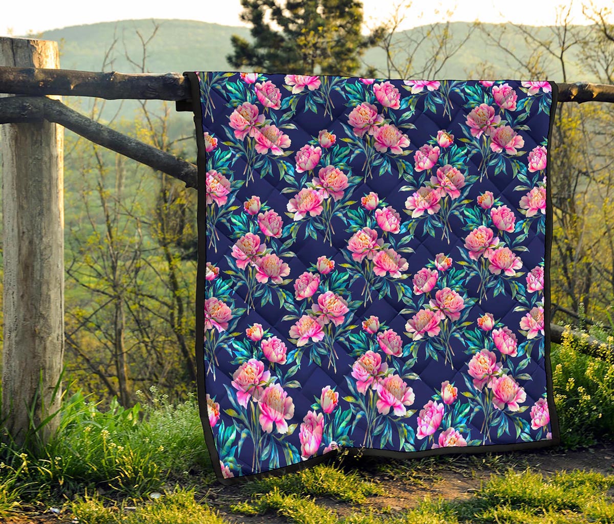 Pink Peony Floral Flower Pattern Print Quilt