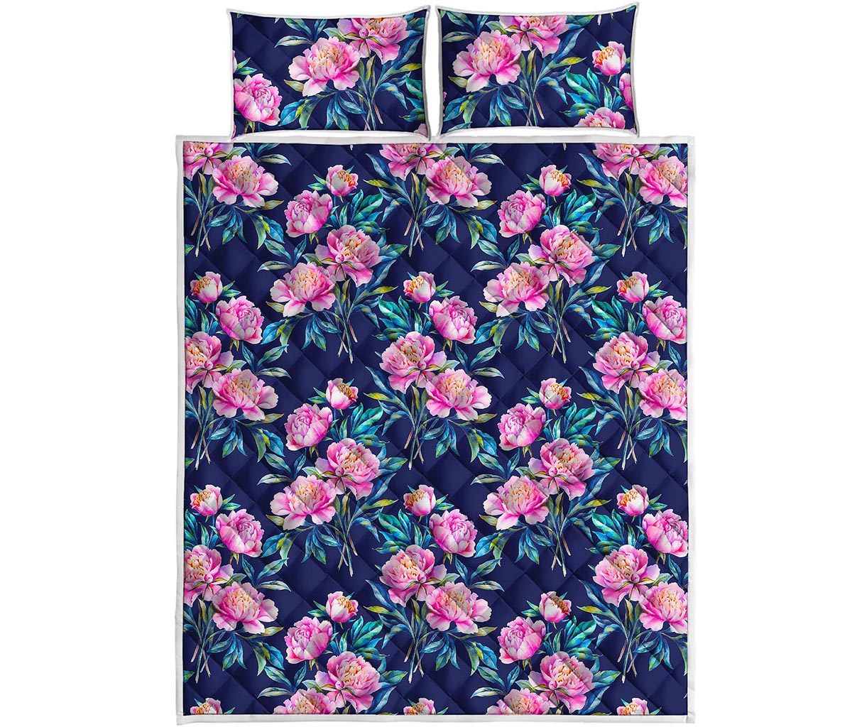 Pink Peony Floral Flower Pattern Print Quilt Bed Set