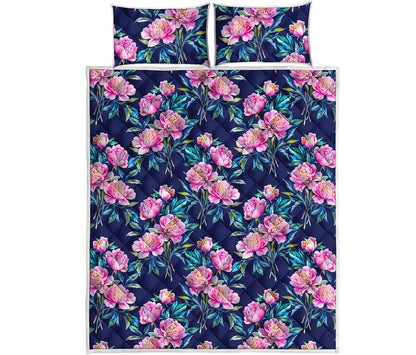 Pink Peony Floral Flower Pattern Print Quilt Bed Set