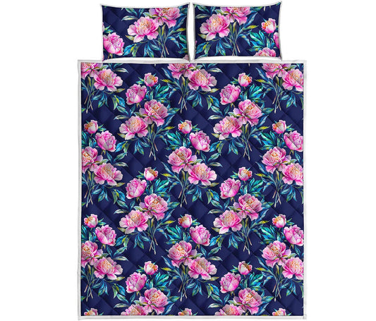 Pink Peony Floral Flower Pattern Print Quilt Bed Set