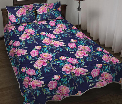 Pink Peony Floral Flower Pattern Print Quilt Bed Set