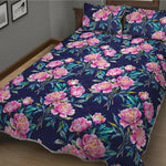 Pink Peony Floral Flower Pattern Print Quilt Bed Set