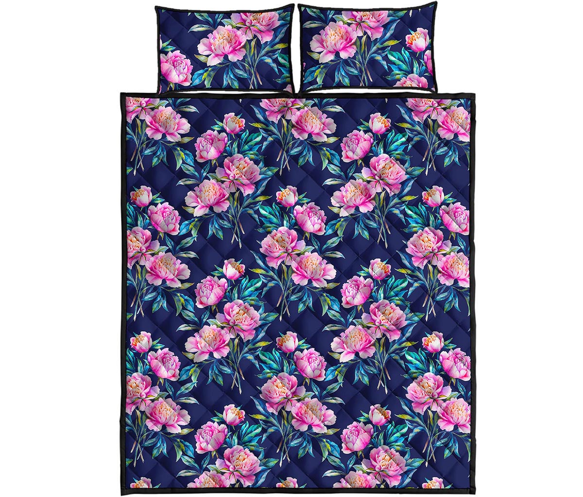 Pink Peony Floral Flower Pattern Print Quilt Bed Set