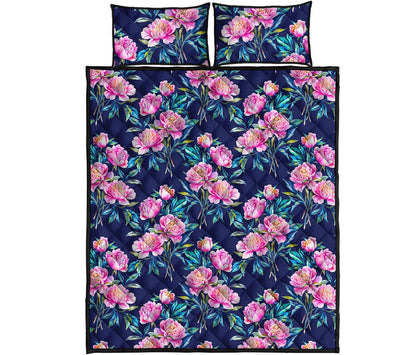 Pink Peony Floral Flower Pattern Print Quilt Bed Set