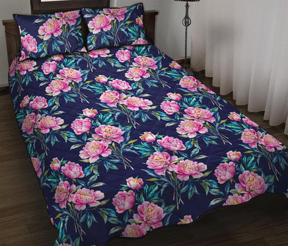 Pink Peony Floral Flower Pattern Print Quilt Bed Set