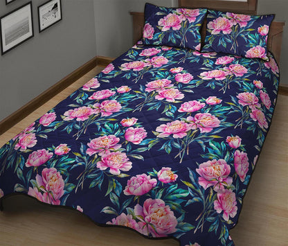 Pink Peony Floral Flower Pattern Print Quilt Bed Set