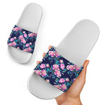 Pink Peony Floral Flower Pattern Print White Slide Sandals