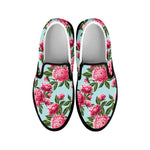 Pink Peony Pattern Print Black Slip On Shoes
